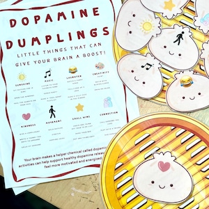 Könnte beinhalten: Ein weißes Blatt Papier mit dem Titel Dopamine Dumplings und einer Liste von Aktivitäten zur Gehirnanregung, neben mehreren Papierausstanzungen lächelnder Teigtaschen mit Symbolen, platziert auf gelben Bambusdampfgarer-Illustrationen.