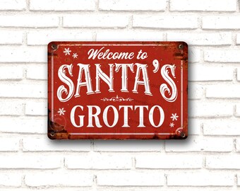 Santa's Grotto Sign, Distressed Red Aluminum Christmas Decor