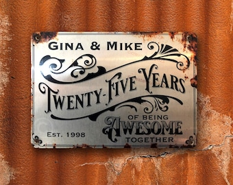 Personalised Silver Anniversary Gift, Metal Rusty Look Printed Sign, 25th Wedding Gift, Awesome Together