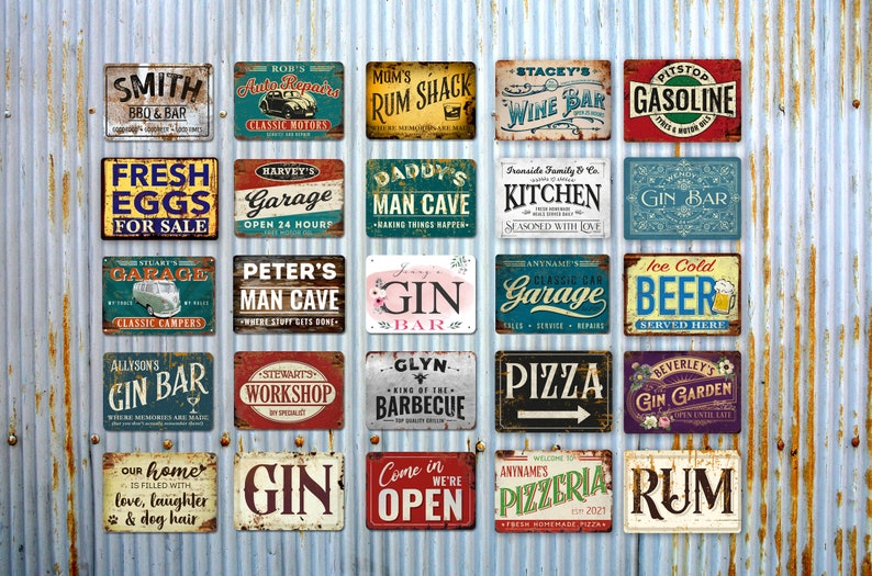 May include: A collection of 20 vintage-style metal signs with various designs and text. The signs feature a variety of themes, including bars, garages, kitchens, and more. The signs are all rectangular and have a distressed, rusty look.