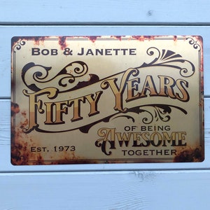 Personalised Golden Anniversary Sign, Metal Aged Look Printed Sign, 50th Wedding Gift