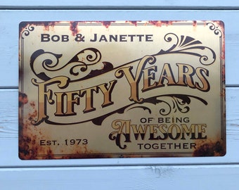 Personalised Golden Anniversary Sign, Metal Aged Look Printed Sign, 50th Wedding Gift