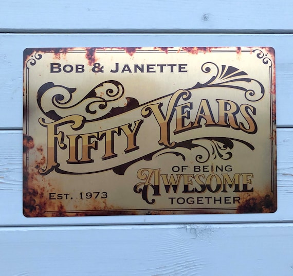 Personalised Golden Anniversary Sign, Metal Aged Look Printed Sign, 50th Wedding Gift