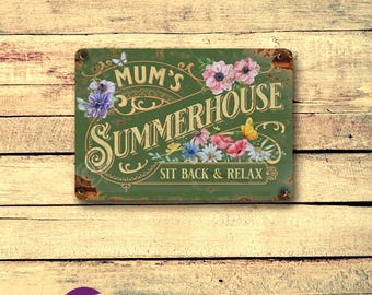 Mother's Day gift, Summerhouse Sign, Personalised Gift, Metal Rusty Look Printed Plaque, Garden Decor