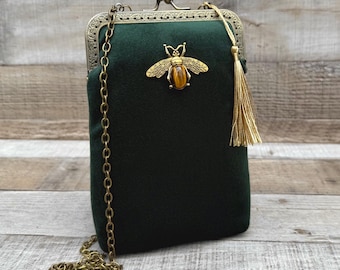 Borsa a mano in velluto. Borsa vintage da donna. Borsa a mano verde smeraldo. Borsa a mano verde smeraldo. Borsa a tracolla con tracolla.