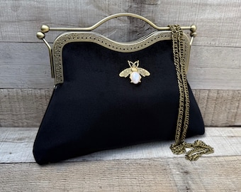 Viktorianische Handtasche. Vintage Handtasche für Damen. Schwarze Clutch Tasche. Henkeltasche oben. Abendtasche für Damen. Clutch Tasche. Samt Handtasche