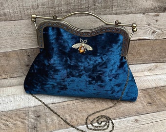 Clutch bag for women. Bee handbag. Blue handbag. Vintage handbag for women. Evening bag. Crossbody bag.