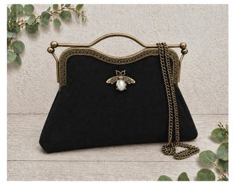 Viktorianische Handtasche. Vintage Handtasche für Damen. Schwarze Clutch Tasche. Henkeltasche oben. Abendtasche für Damen. Clutch Tasche. Samt Handtasche