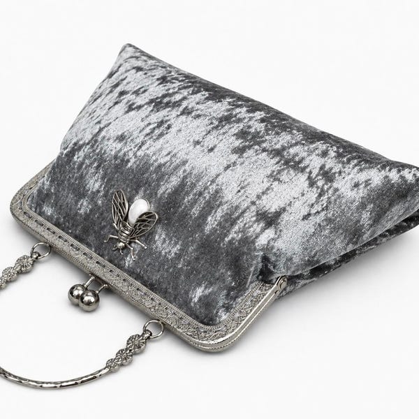 Grey evening bag. Velvet clutch bag. Purse bag. Evening bag for women. Clutch purse. Vintage handbag. Grey handbag. Wedding purse