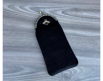 Kiss lock clasp velvet glasses case. Velvet pencil case. Black velvet glasses case