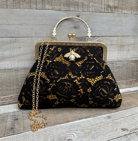 black dress purse Evening bag. Velvet clutch bag. bag. Evening bag for women. Vintage handbag. Lace clutch bag beautiful wedding gowns Ankle Length Coats - Size:38 (FR) Plated Alloy Ring Handle