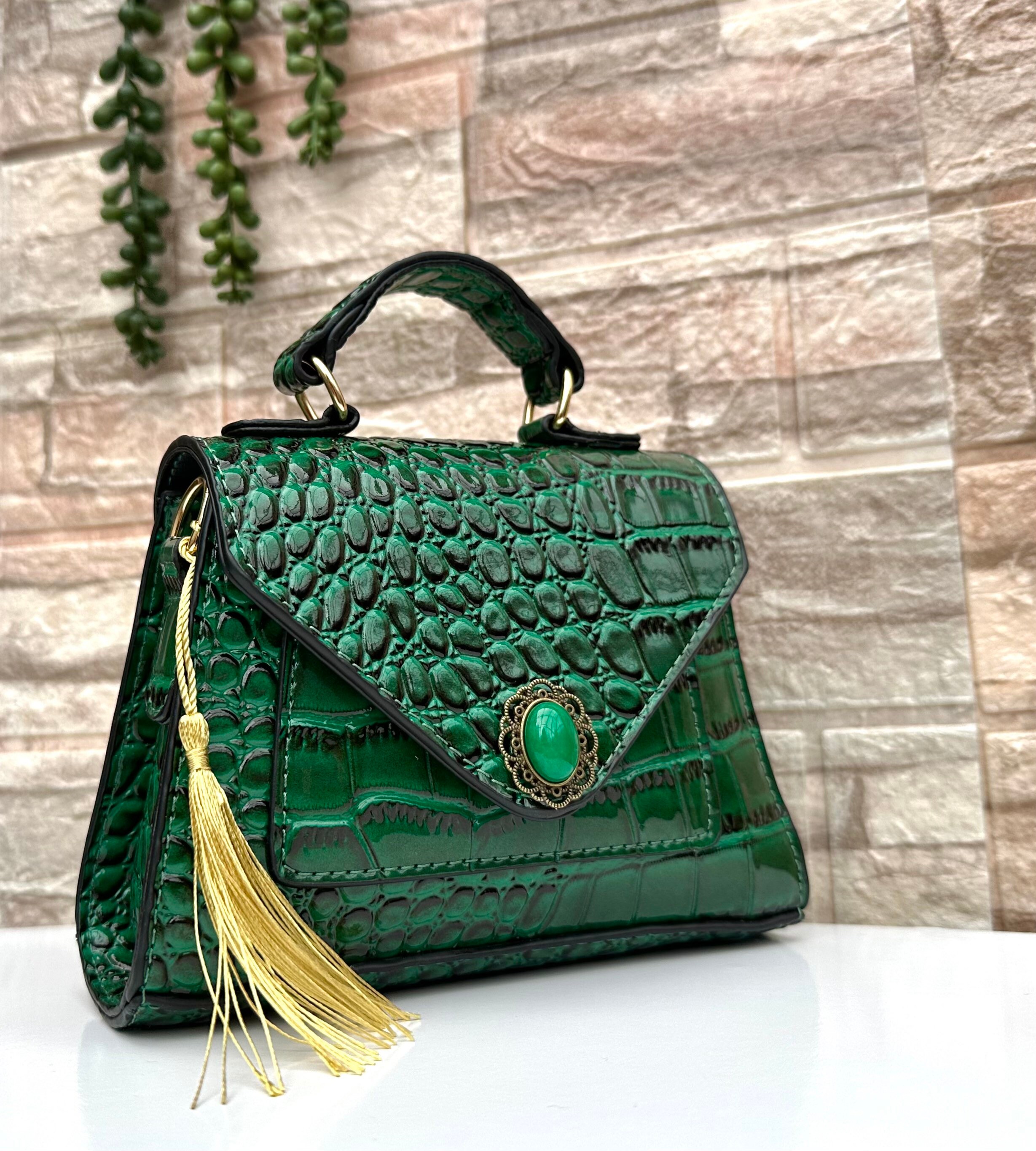 Julia Acrylic Chain Crossbody Bag Croco Dark Green