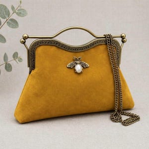 Vintage handbag for women. Mustard clutch. Clutch bag. Crossbody bag. Velvet handbag. Top handle bag. Wedding guest purse
