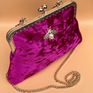 Evening bag for women. Pink evening bag. Velvet evening bag. Kiss lock Purse bag. Clutch bag for women. Fuchsia clutch bag image 10