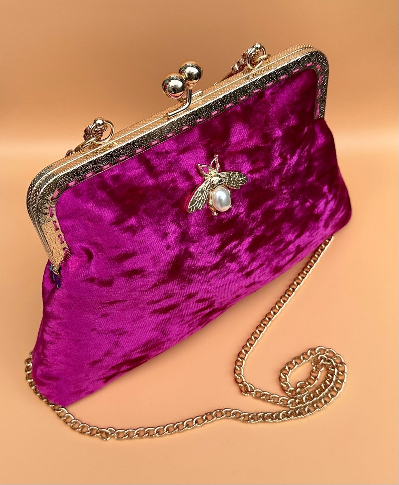 Evening bag for women. Pink evening bag. Velvet evening bag. Kiss lock Purse bag. Clutch bag for women. Fuchsia clutch bag image 10