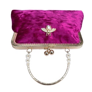 Evening bag for women. Pink evening bag. Velvet evening bag. Kiss lock Purse bag. Clutch bag for women. Fuchsia clutch bag image 4