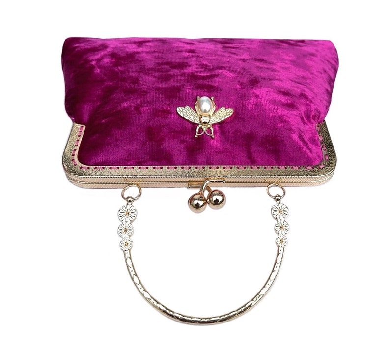 Evening bag for women. Pink evening bag. Velvet evening bag. Kiss lock Purse bag. Clutch bag for women. Fuchsia clutch bag image 4