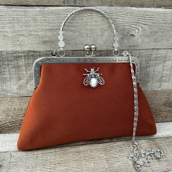 Cognac velvet clutch. Dark Burnt orange clutch bag. Vintage handbag for women. Evening bag. Clutches and purses. Wedding clutch