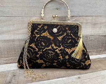 Schwarze Clutch Schwarz und Gold Samt-Clutch