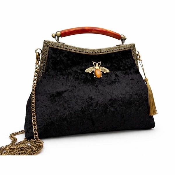 Vintage handbag for women. Black clutch bag. Crossbody bag. Evening bag for women. Tote bag. Velvet handbag. Victorian clutch bag.