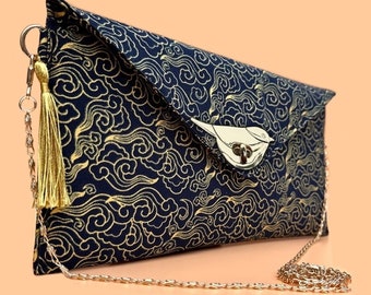 Navy clutch bag. Evening bag. Boho clutch bag. Unusual clutch bag. Oriental handbag. Navy and gold clutch bag. Purse bag for women