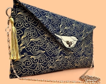 Bolso de mano azul marino. Bolso de noche. Bolso de mano bohemio. Bolso de mano inusual. Bolso oriental. Bolso de mano azul marino y dorado. Bolso monedero para mujer