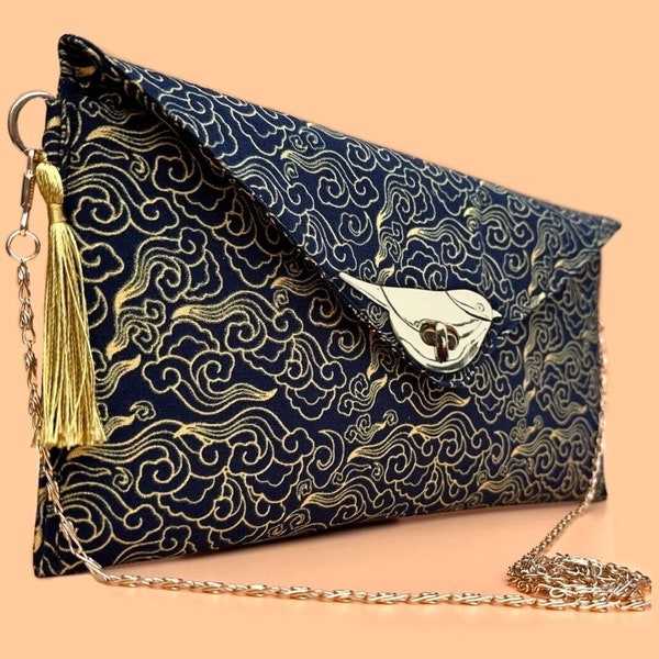 Marineblaue Clutch-Tasche. Abendtasche. Boho Clutch Tasche. Ungewöhnliche Clutch Tasche. Orientalische Handtasche. Tasche in Gold und Marineblau. Handtasche Tasche für Damen