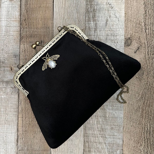 Black formal bag. Black evening bag. Clutches and purses. Vintage handbag. Velvet clutch bag. Bee handbag