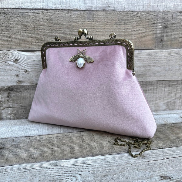 Rosa Clutch. Hellrosa Abendtasche. Clutch aus Samt. Handtasche. Abendtasche für Damen. Hellrosa Handtasche. Vintage-Handtasche.