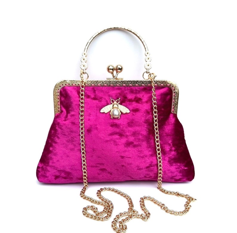 Evening bag for women. Pink evening bag. Velvet evening bag. Kiss lock Purse bag. Clutch bag for women. Fuchsia clutch bag image 5