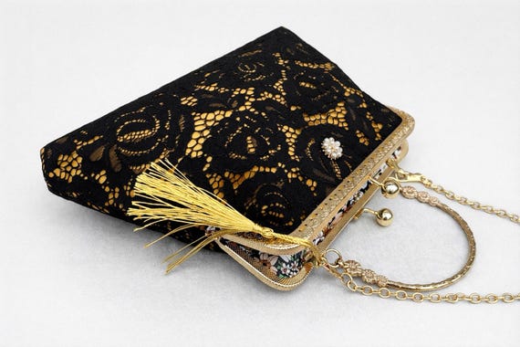 Pochette da sera da donna in velluto nero retrò con fibbia con
