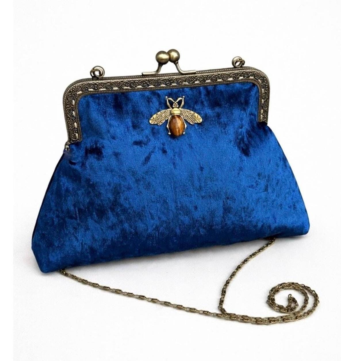 Blue Clutch Bag. Vintage Handbag. Blue Velvet Handbag  display picture 1