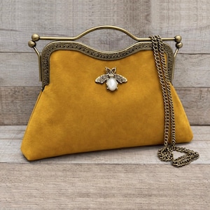 Vintage handbag for women. Mustard clutch. Yellow handbag. Crossbody bag. Velvet handbag. Top handle bag.