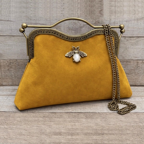 Vintage handbag for women. Mustard clutch. Yellow handbag. Crossbody bag. Velvet handbag. Top handle bag.