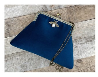 Blaue Clutch. Clutch aus Samt. Vintage Abendtasche. Clutches und Geldbörsen. Samthandtasche. Vintage-Handtaschen für Damen. Umhängetasche
