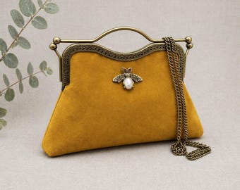 Vintage handbag for women. Mustard clutch. Yellow handbag. Crossbody bag. Velvet handbag. Top handle bag.