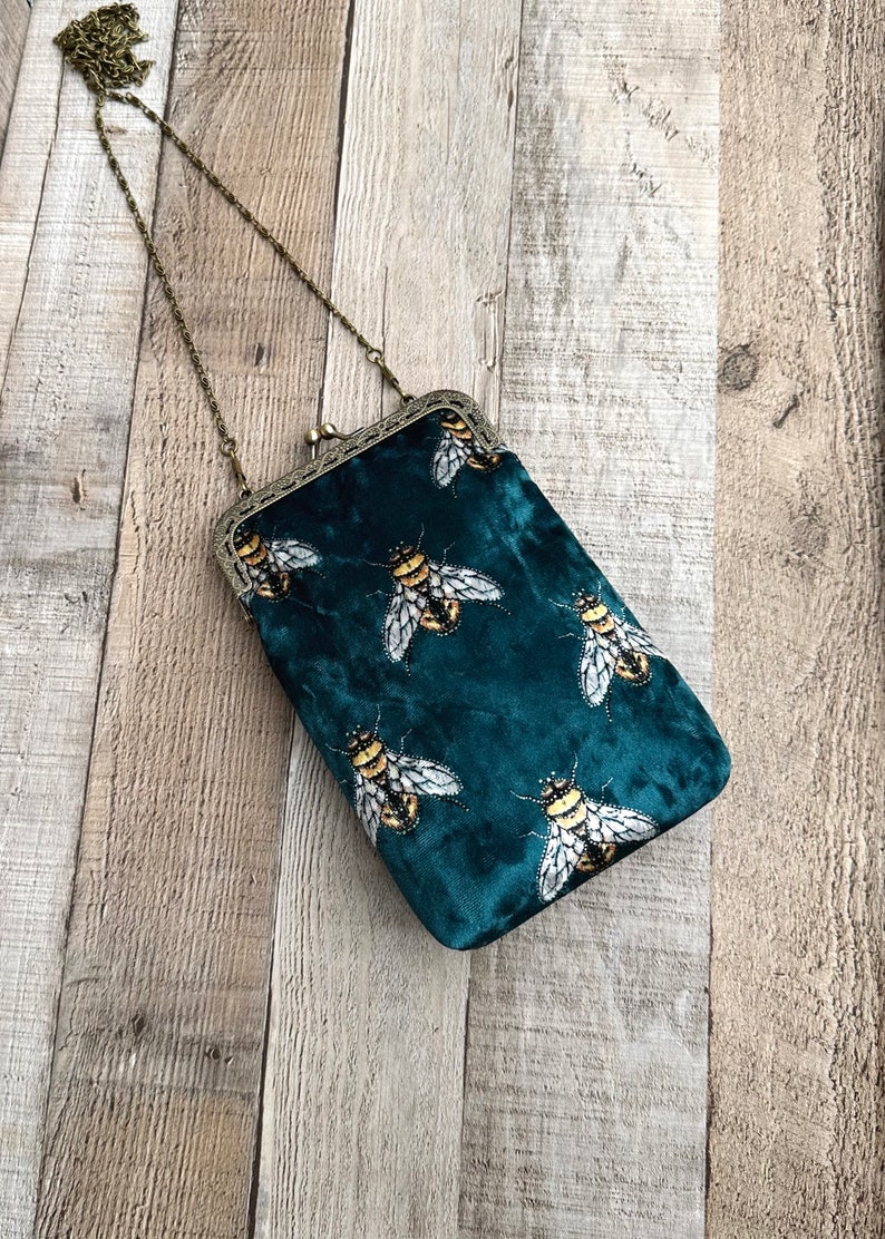 Crossbody Phone bag. Green clutch bag. Clutch bag with strap. Bee handbag. Velvet evening bag. Sling bag for women image 1