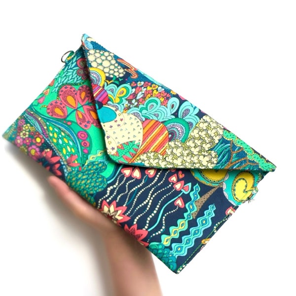 Clutch bag. Floral wristlet bag. 70s handbag. Evening bag. Colourful wristlet. Summer  clutch bag. Boho clutch bag. Handmade clutch bag