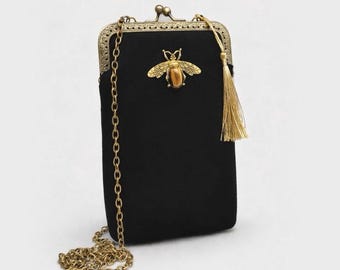 Crossbody Phone bag. Black clutch bag. Clutch bag with strap. Velvet evening bag. Victorian handbag. Vintage purse bag