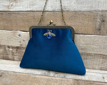 Formelle Handtasche für Damen. Clutch Tasche für Frauen. Blaue Handtasche aus Samt mit Trageriemen. Blaue Abendtasche. Vintage Handtasche.