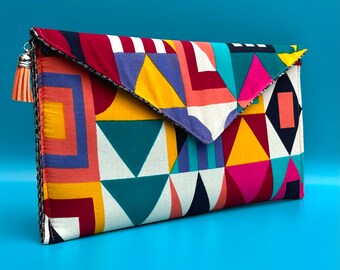 Clutch bag. Evening bag. Colourful wristlet. Summer clutch bag. Boho clutch bag. Unusual clutch bag. Geometric handbag. Handmade clutch