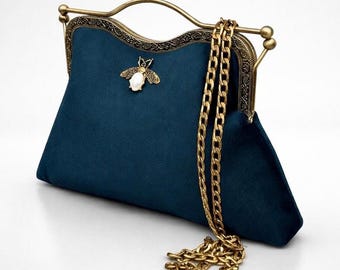 Teal blue evening bag. Velvet clutch bag. Purse bag. Evening bag for women. Victorian handbag. Vintage handbag. Teal purse
