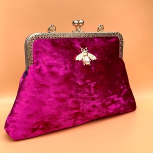 Evening bag for women. Pink evening bag. Velvet evening bag. Kiss lock Purse bag. Clutch bag for women. Fuchsia clutch bag image 1