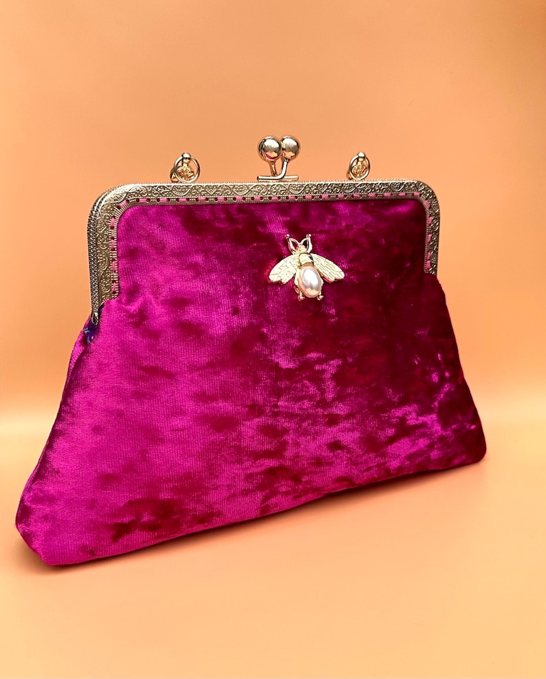 Evening bag for women. Pink evening bag. Velvet evening bag. Kiss lock Purse bag. Clutch bag for women. Fuchsia clutch bag image 1