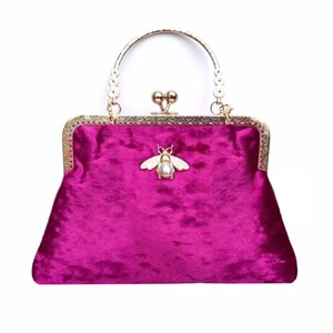 Evening bag for women. Pink evening bag. Velvet evening bag. Kiss lock Purse bag. Clutch bag for women. Fuchsia clutch bag image 2