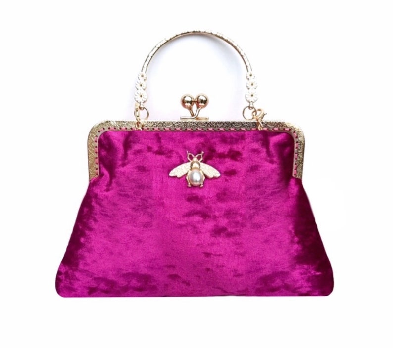 Evening bag for women. Pink evening bag. Velvet evening bag. Kiss lock Purse bag. Clutch bag for women. Fuchsia clutch bag image 2