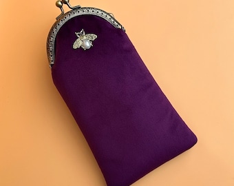 Vintage eyeglasses case. Purple glasses case. Velvet pencil case. Purple glasses pouch. Soft eyeglasses case