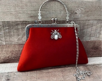 Red velvet Clutch bag. Red evening bag. Velvet clutch bag. Crossbody bag. Vintage bags for women. Top handle bag. Clutches and purses.