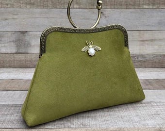 Green Clutch bag. Olive Green evening bag. Top handle bag. Handbag for women. Victorian handbag. Vintage handbag