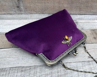 Purple clutch. Purple evening bag. Bee handbag. Clutch purse. Crossbody bag for women. Purple handbag. Vintage clutch bag
